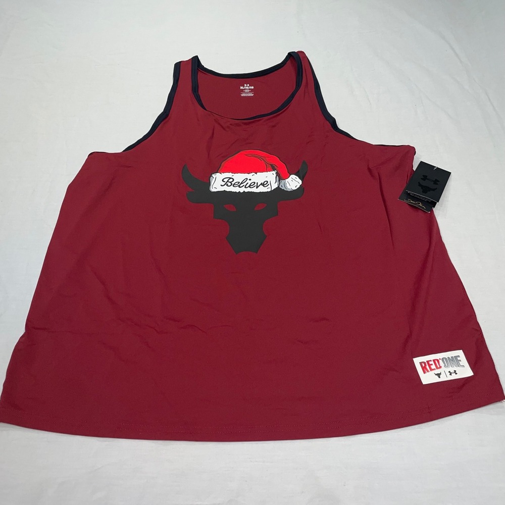 Under Armour Project Rock Red One Movie Tank Top Mens XL Red Brahma Bull Santa